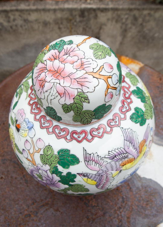 Gran tibor chino porcelana Rose Canton, finales s. XX (31 cm)