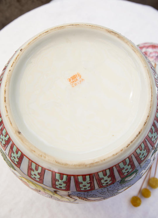 Gran tibor chino porcelana Rose Canton, finales s. XX (31 cm)
