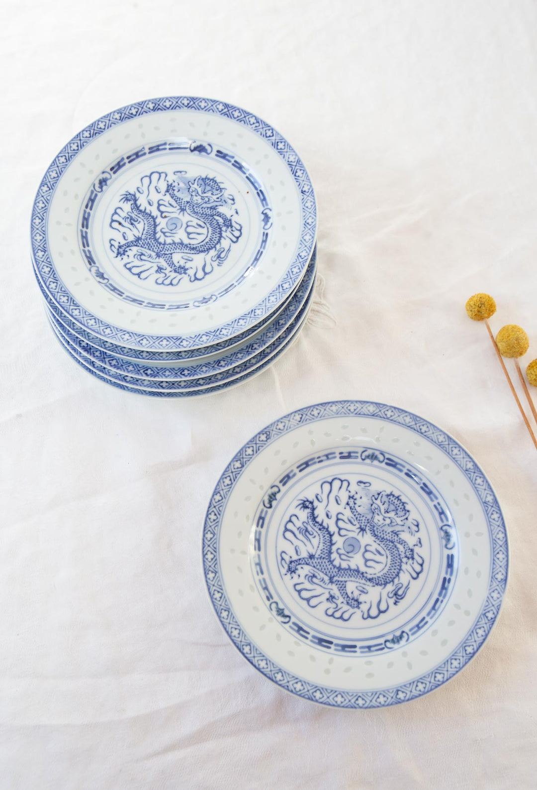 Juego 5 platos POSTRE porcelana china "grano de arroz" azul y blanca (18 cm)