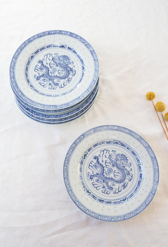 Juego 5 platos POSTRE porcelana china "grano de arroz" azul y blanca (18 cm)