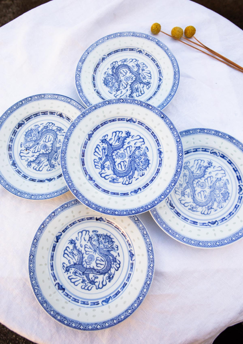 Juego 5 platos POSTRE porcelana china "grano de arroz" azul y blanca (18 cm)