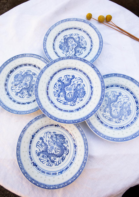 Juego 5 platos POSTRE porcelana china "grano de arroz" azul y blanca (18 cm)