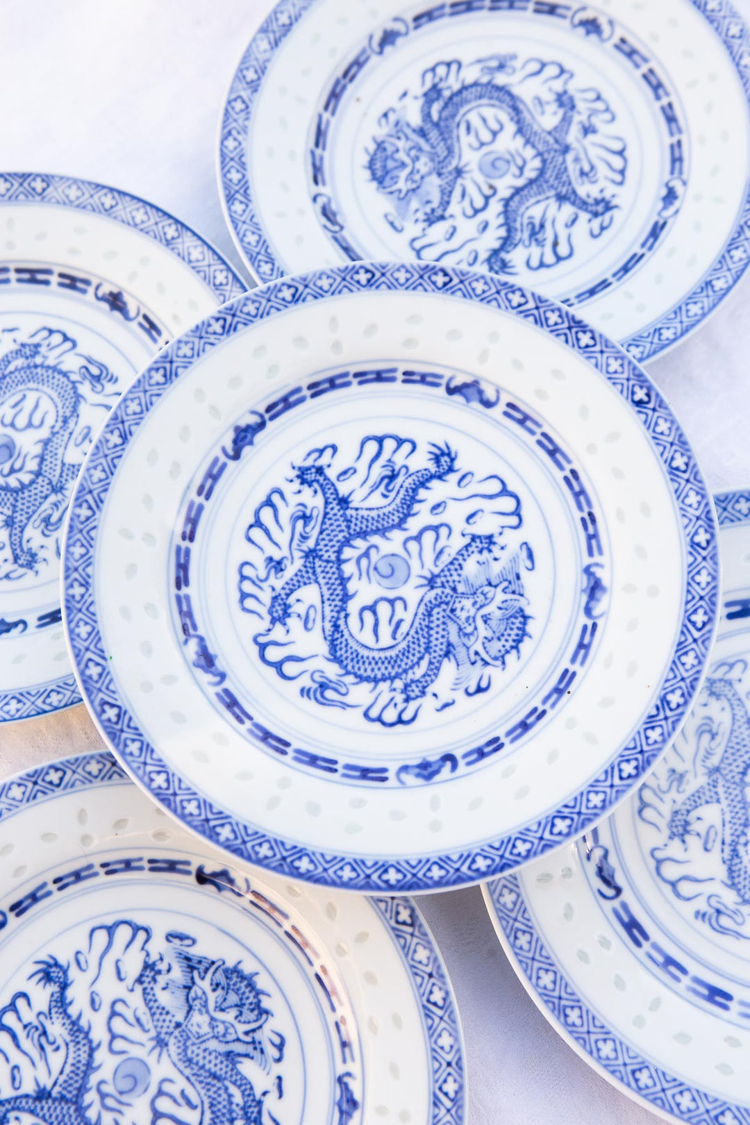 Juego 5 platos POSTRE porcelana china "grano de arroz" azul y blanca (18 cm)