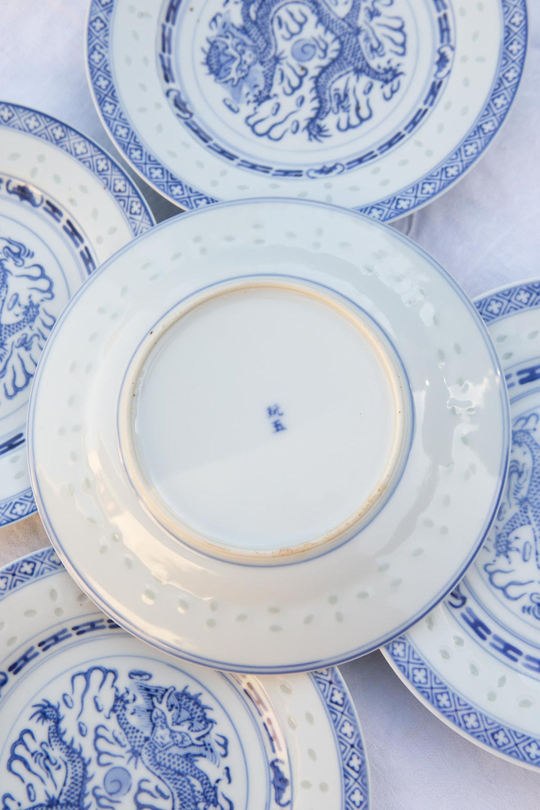 Juego 5 platos POSTRE porcelana china "grano de arroz" azul y blanca (18 cm)