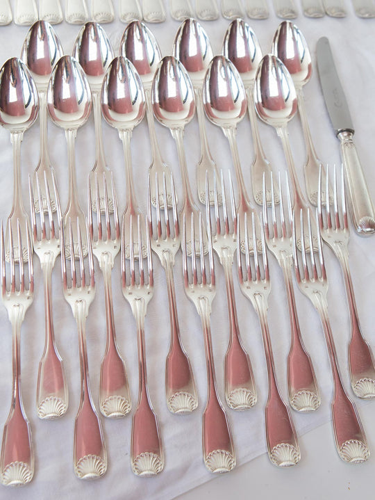 Excepcional cubertería francesa PARA 12 metal baño plata Felix Frères Luis XV Coquille (186 PIEZAS)