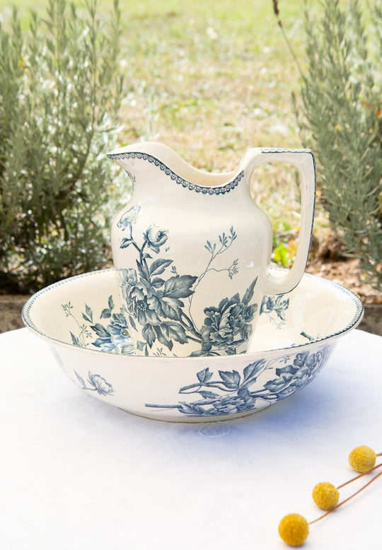 Conjunto aguamanil y jofaina franceses Pivoines Lonwgy terre de fer azul c. 1900