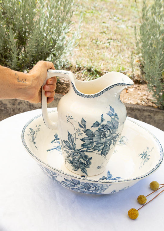 Conjunto aguamanil y jofaina franceses Pivoines Lonwgy terre de fer azul c. 1900