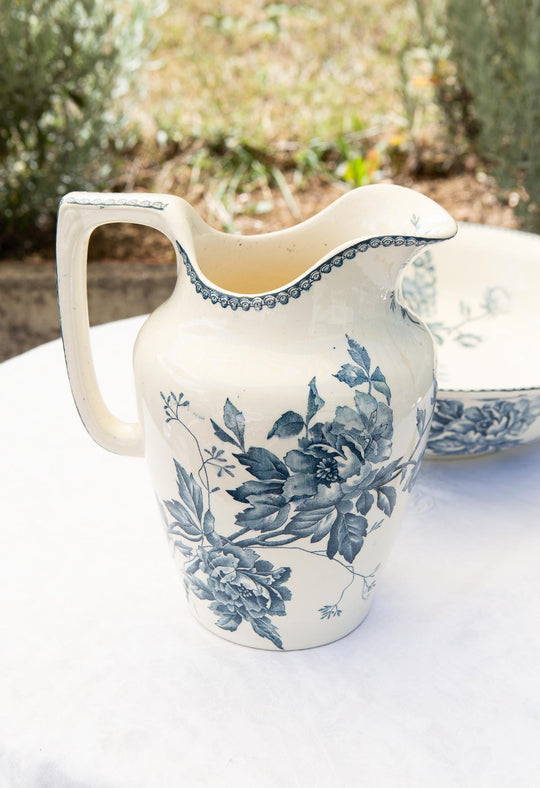Conjunto aguamanil y jofaina franceses Pivoines Lonwgy terre de fer azul c. 1900
