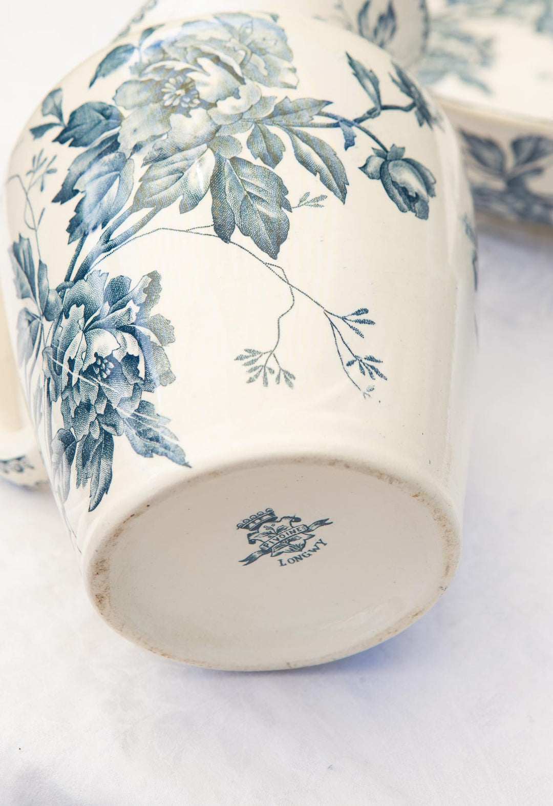Conjunto aguamanil y jofaina franceses Pivoines Lonwgy terre de fer azul c. 1900