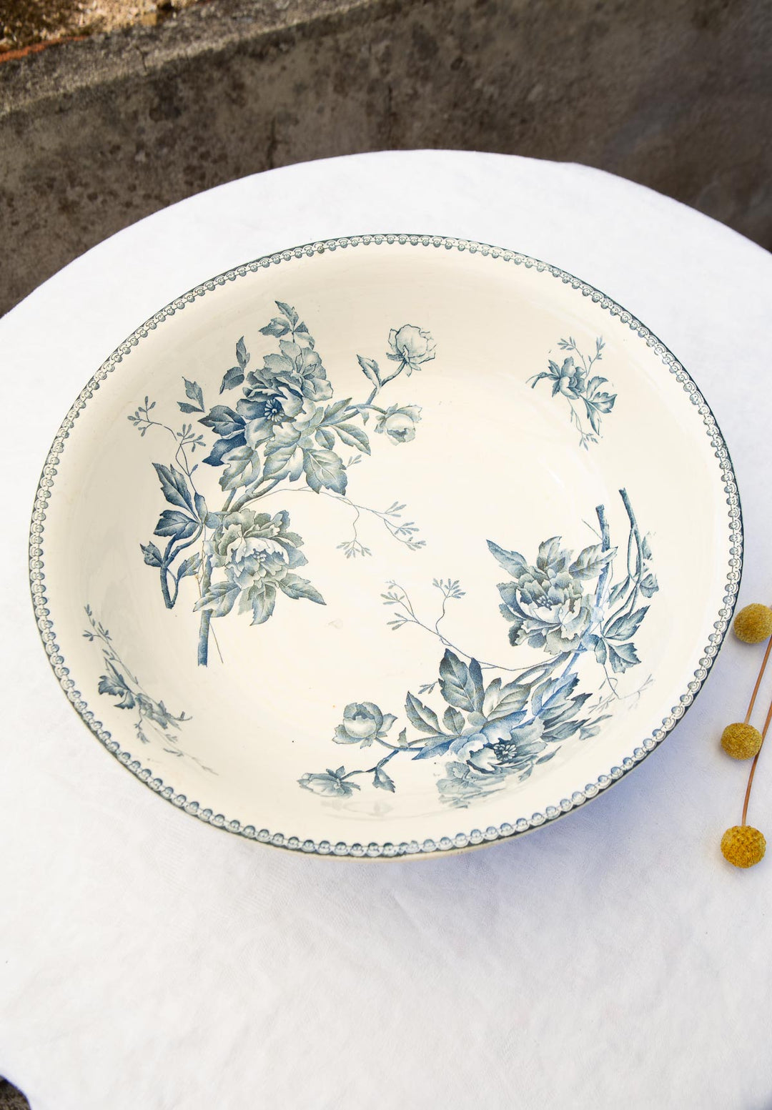 Conjunto aguamanil y jofaina franceses Pivoines Lonwgy terre de fer azul c. 1900