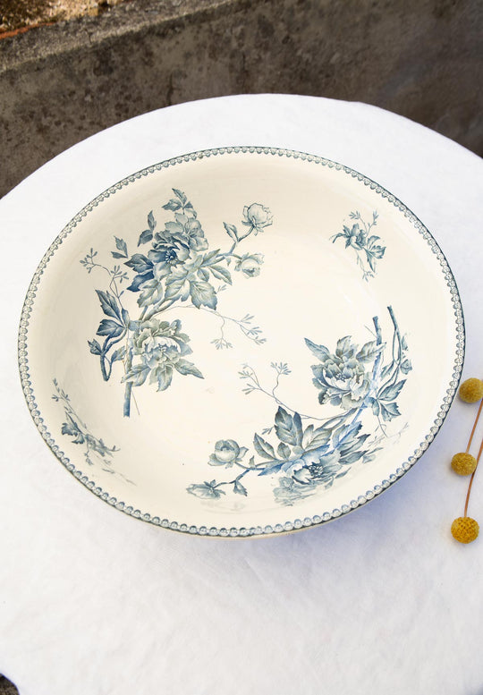 Conjunto aguamanil y jofaina franceses Pivoines Lonwgy terre de fer azul c. 1900