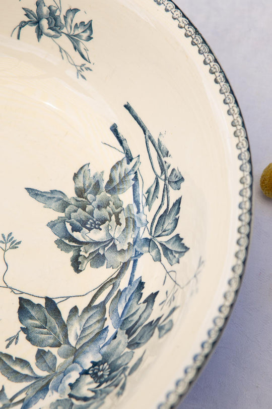 Conjunto aguamanil y jofaina franceses Pivoines Lonwgy terre de fer azul c. 1900
