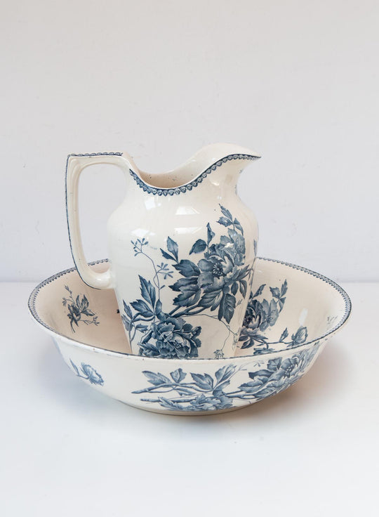 Conjunto aguamanil y jofaina franceses Pivoines Lonwgy terre de fer azul c. 1900