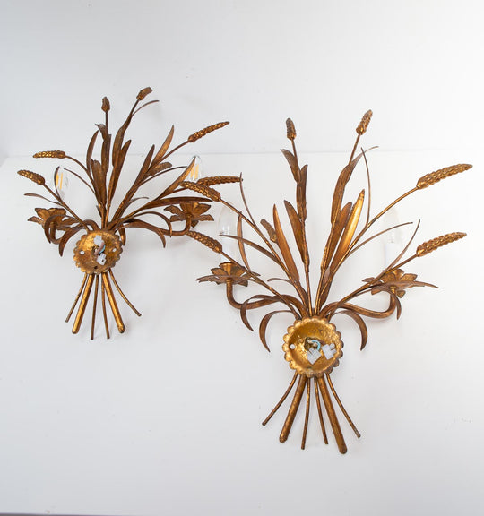 Pareja apliques italianos metal dorado hojas y espigas c. 1960/70 (52*46 cm)