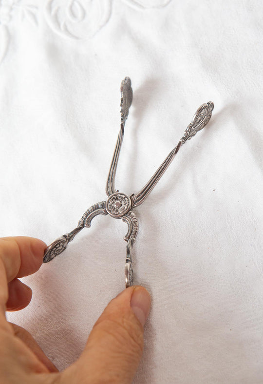 Pinzas de azúcar de tijera suecas de estilo neorrococó metal plateado