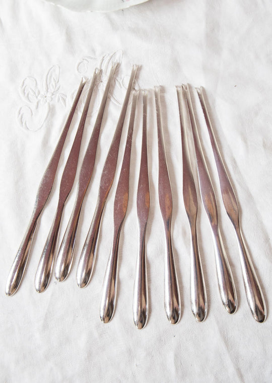 Juego 10 pinchos para MARISCO suecos c. 1950 baño plata