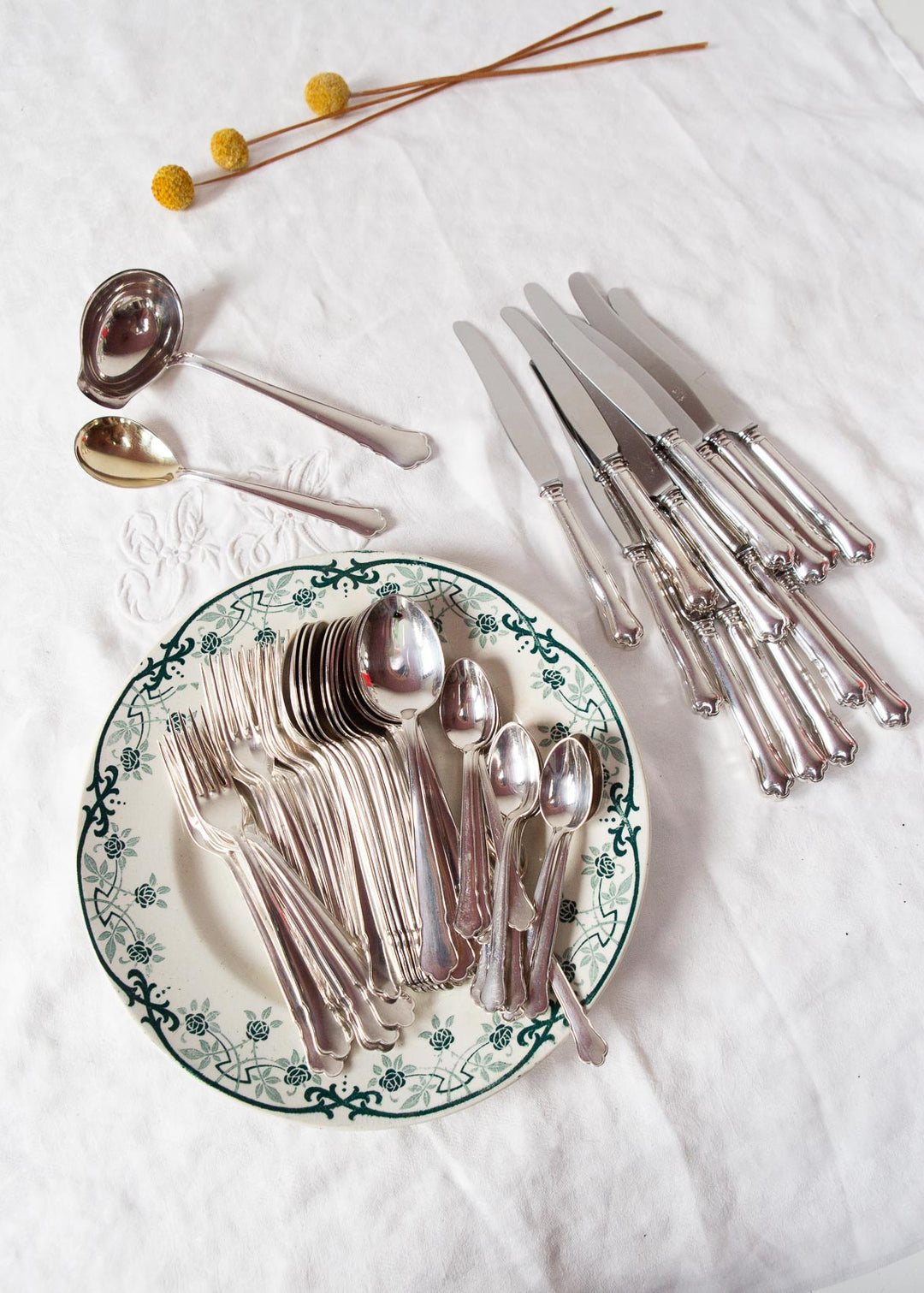 Juego cubiertos POSTRE suecos GAB para 12 metal baño plata c. 1960s (62 PIEZAS)