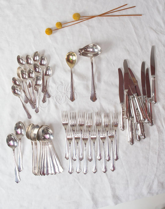 Juego cubiertos POSTRE suecos GAB para 12 metal baño plata c. 1960s (62 PIEZAS)