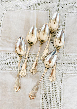 6 cucharas ENTRANTES A.G. Dufva, Estocolmo, metal baño plata art nouveau, ca. 1890-1910