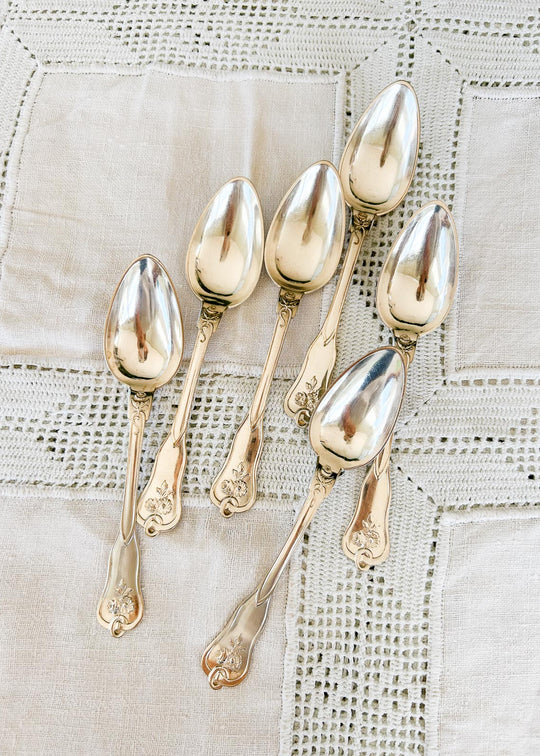 6 cucharas ENTRANTES A.G. Dufva, Estocolmo, metal baño plata art nouveau, ca. 1890-1910