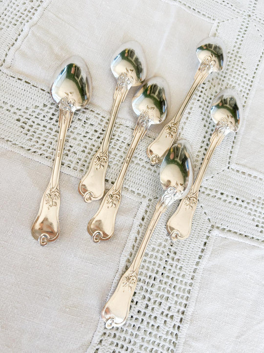 6 cucharas ENTRANTES A.G. Dufva, Estocolmo, metal baño plata art nouveau, ca. 1890-1910