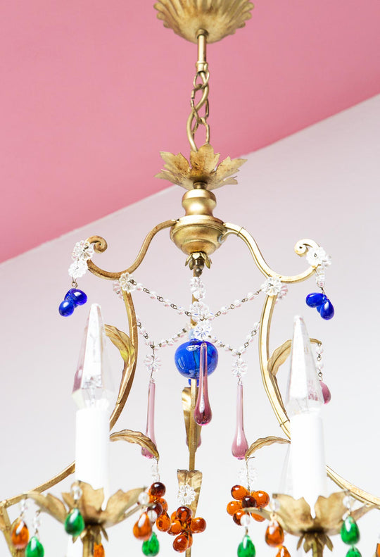 Antigua lampara de araña techo italiana dorada y cristales antique italian chandelier cristales murano frutas colores fruits