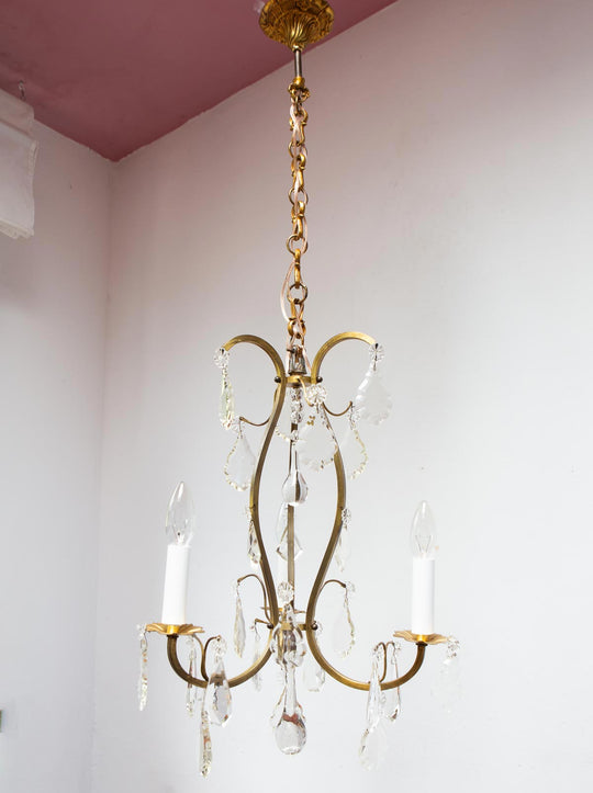 Chandelier francés latón 3 brazos con cristales c. 1940s (35 cm)
