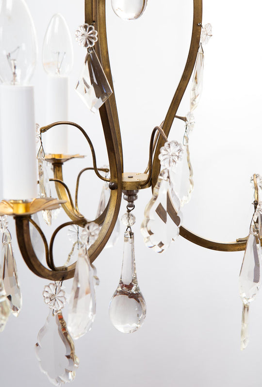 Chandelier francés latón 3 brazos con cristales c. 1940s (35 cm)