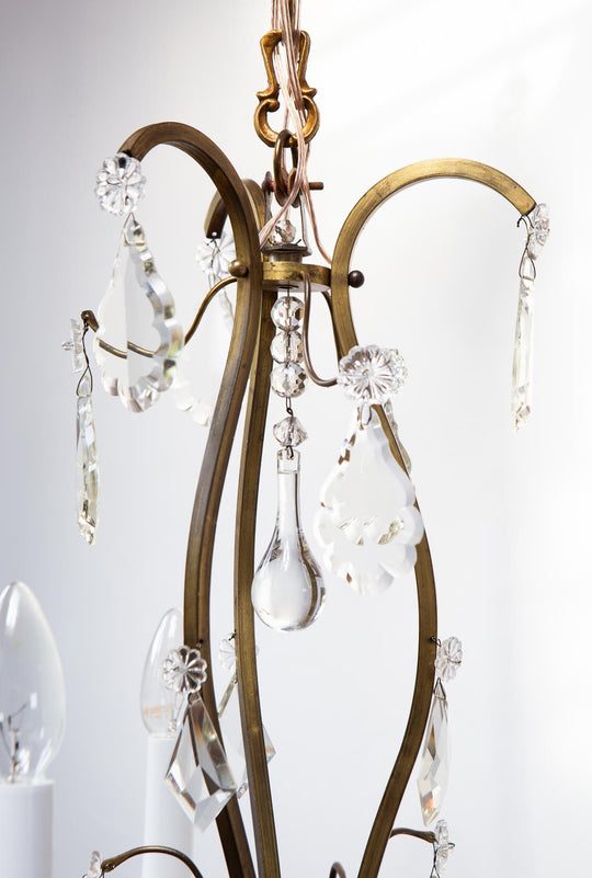 Chandelier francés latón 3 brazos con cristales c. 1940s (35 cm)