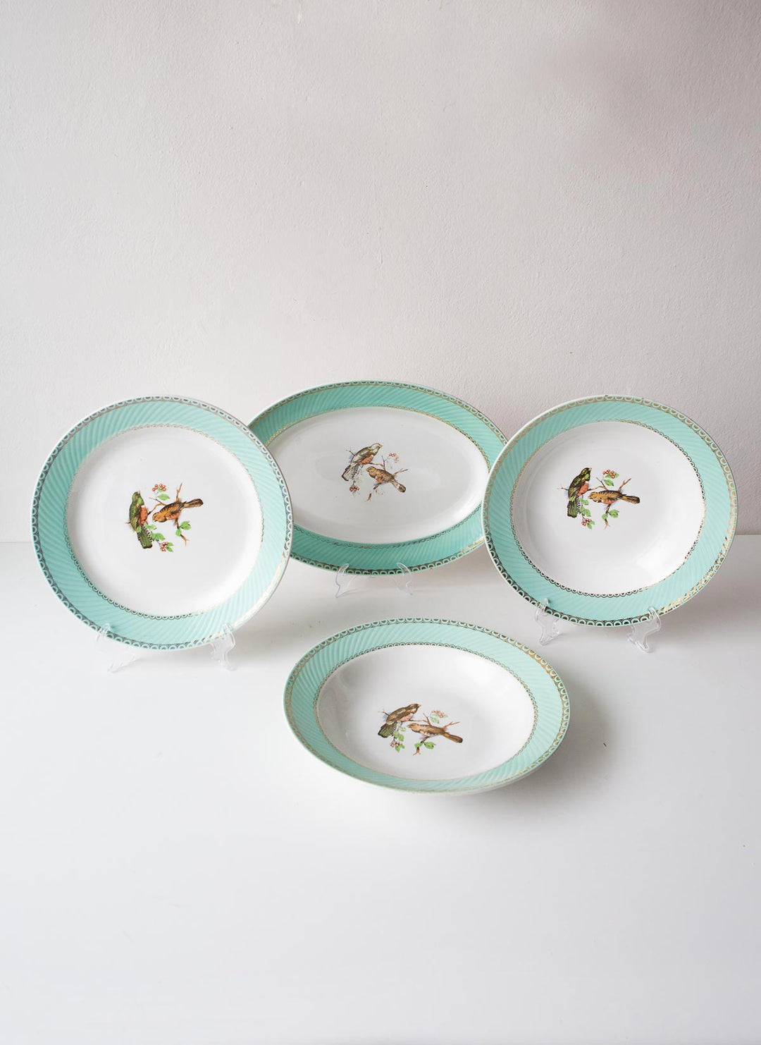 Juego de platos llanos y hondos franceses loza verde y pájaros 1960s para 10 (20 PIEZAS)