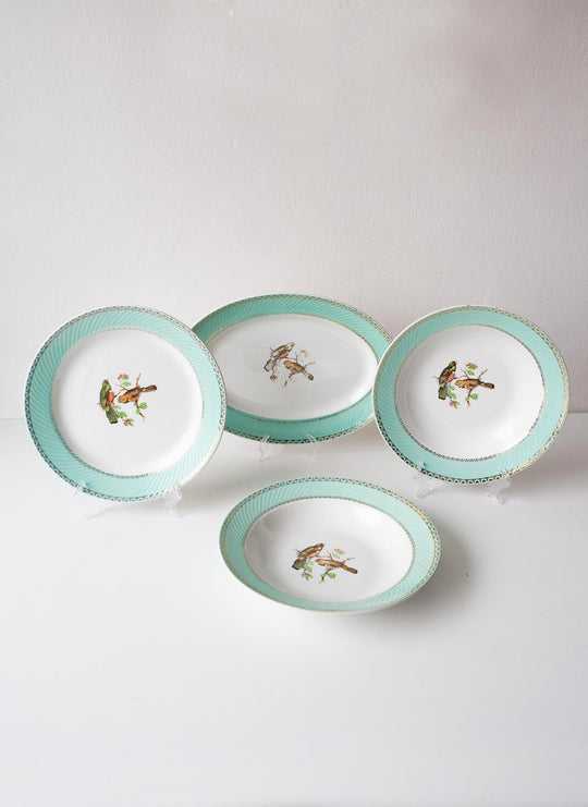 Juego de platos llanos y hondos franceses loza verde y pájaros 1960s para 10 (20 PIEZAS)