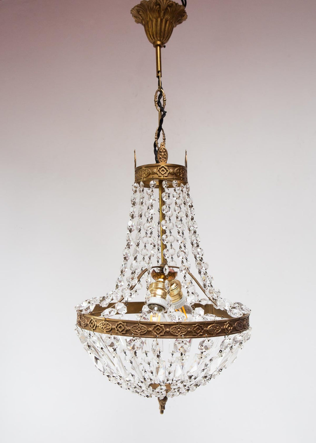 Antiguo chandelier GLOBO "montgolfier" francés bronce y cristales (31 cm)