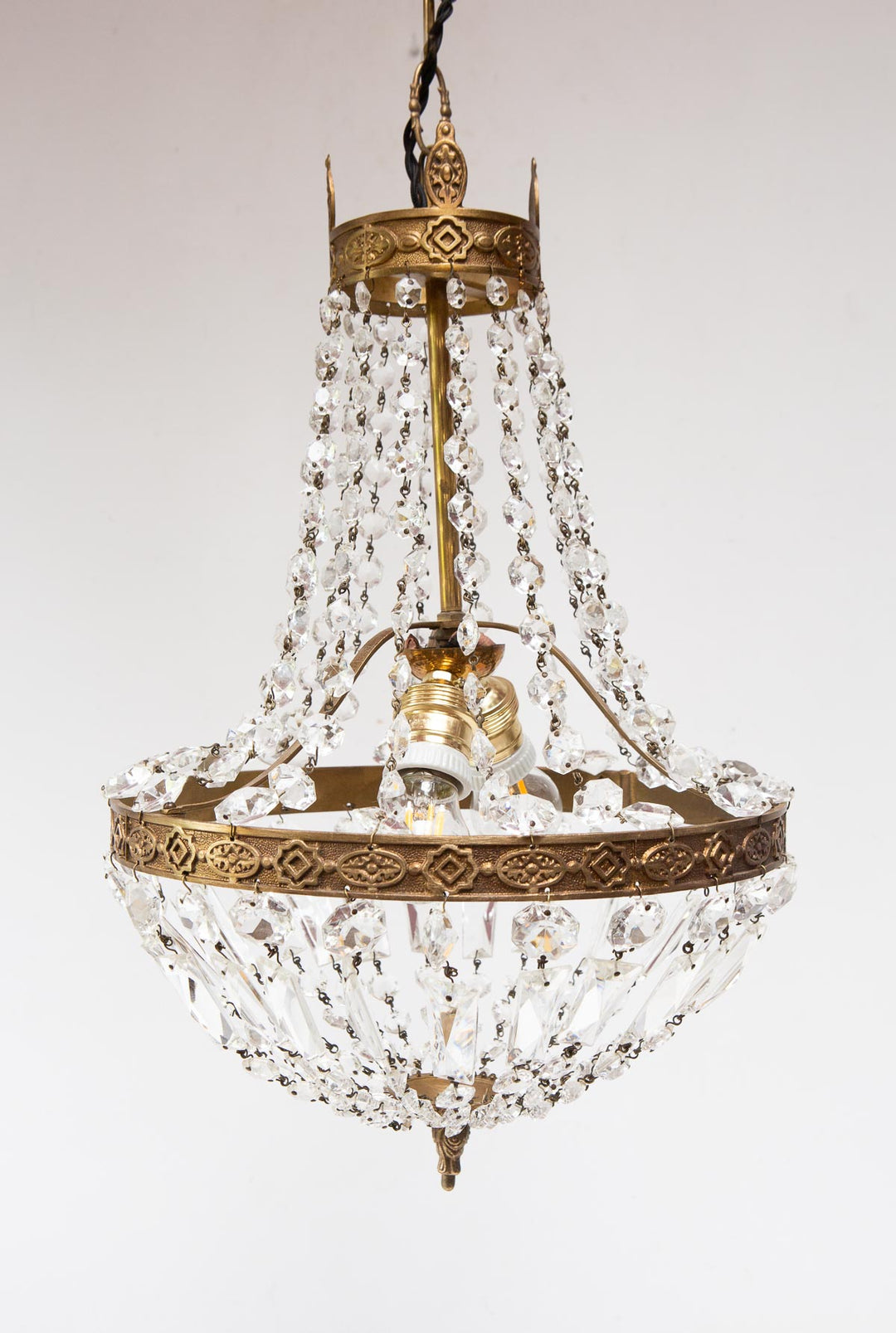 Antiguo chandelier GLOBO "montgolfier" francés bronce y cristales (31 cm)