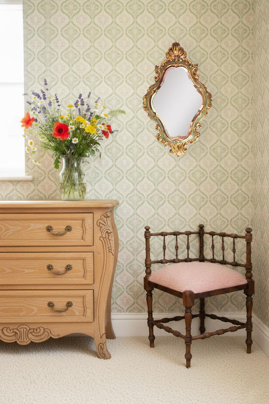 Antigua silla esquinera francesa madera tapizado rizo rosa c. 1900