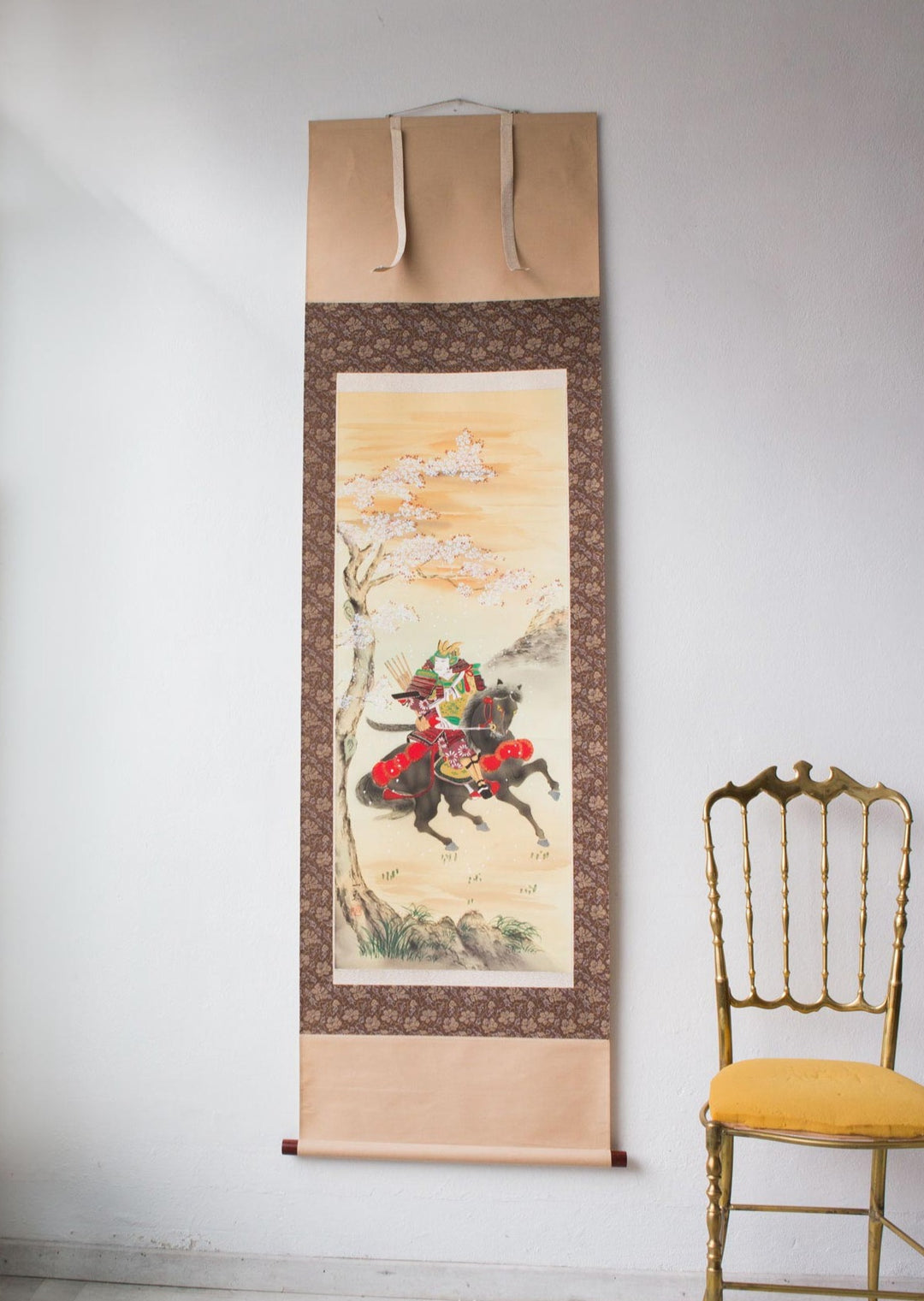 Seda japonesa pintada años 50 "Samurai a caballo" antique japanese silk