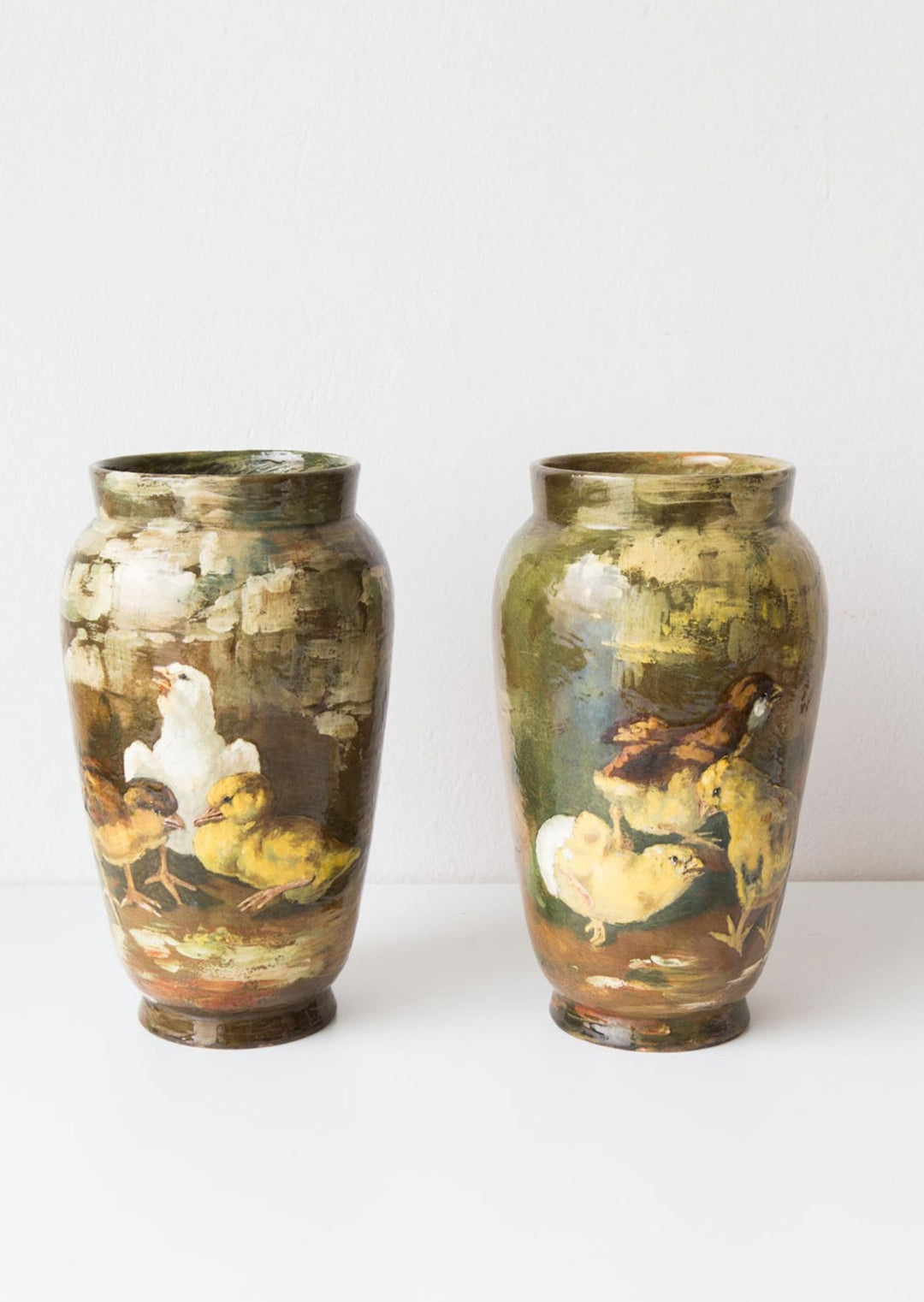 Pareja antiguos jarrones cerámica pintada Theodore Lefront s. XIX paire vases anciens