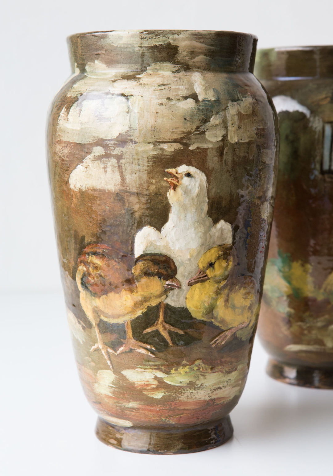 Pareja antiguos jarrones cerámica pintada Theodore Lefront s. XIX paire vases anciens