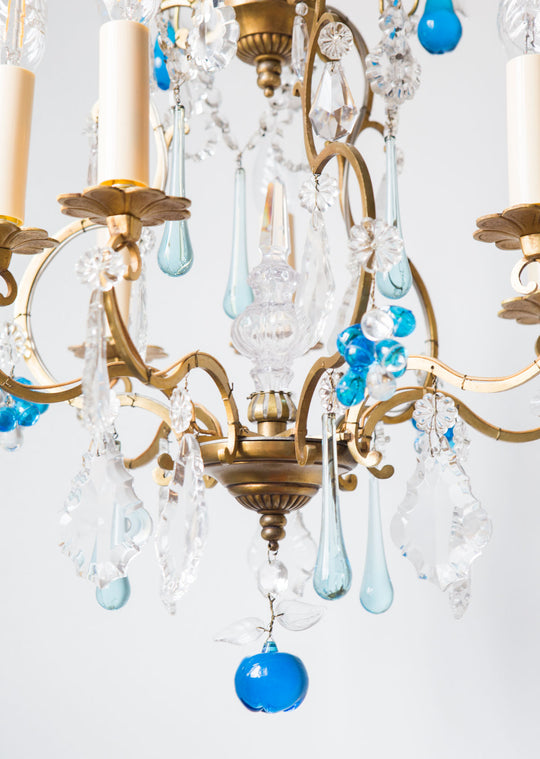 antigua lámpara de techo araña francesa con cristales antique vintage french chandelier lustre ancien blue azul
