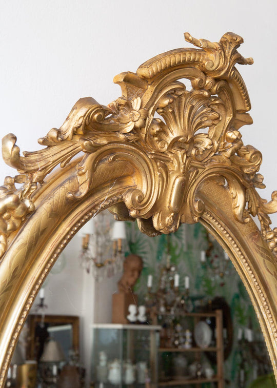 Antiguo espejo francés ovalado madera dorada con copete s. XIX antique french gilded mirror