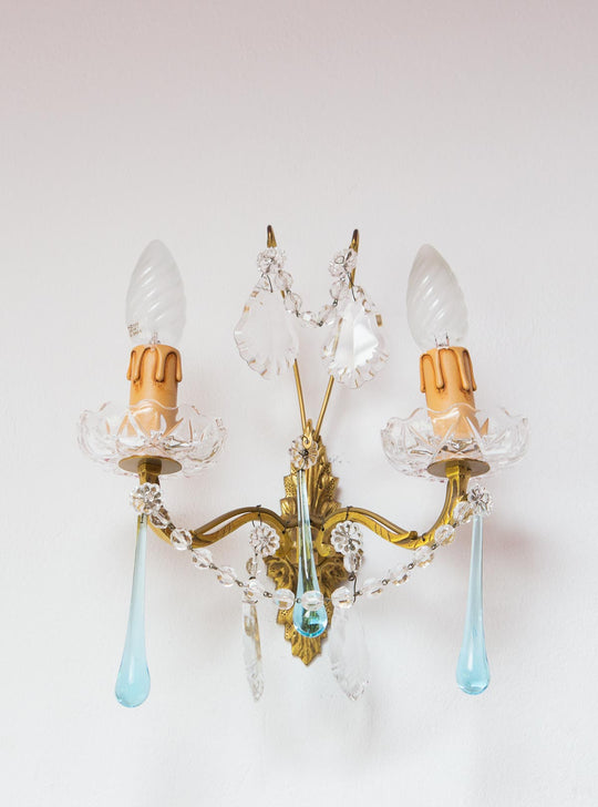 Aplique vintage francés latón y lágrimas de cristal rosa o azul (32 cm)