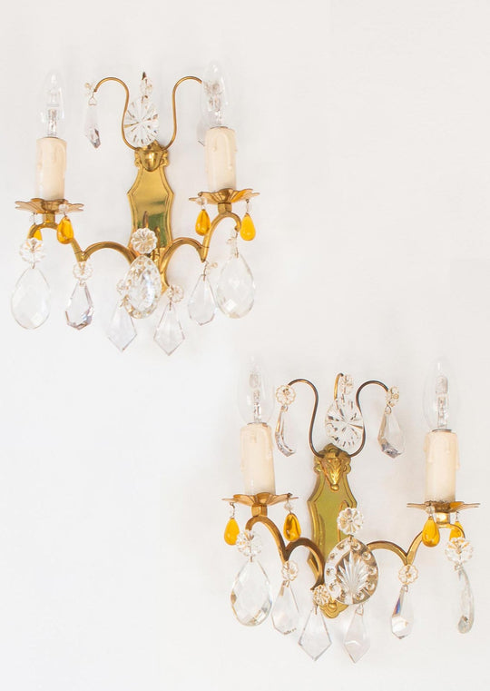 pareja apliques franceses antiguos laton y cristales vintage wall lights