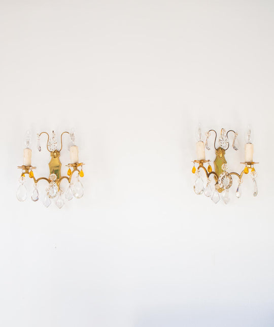 pareja apliques franceses antiguos laton y cristales vintage wall lights