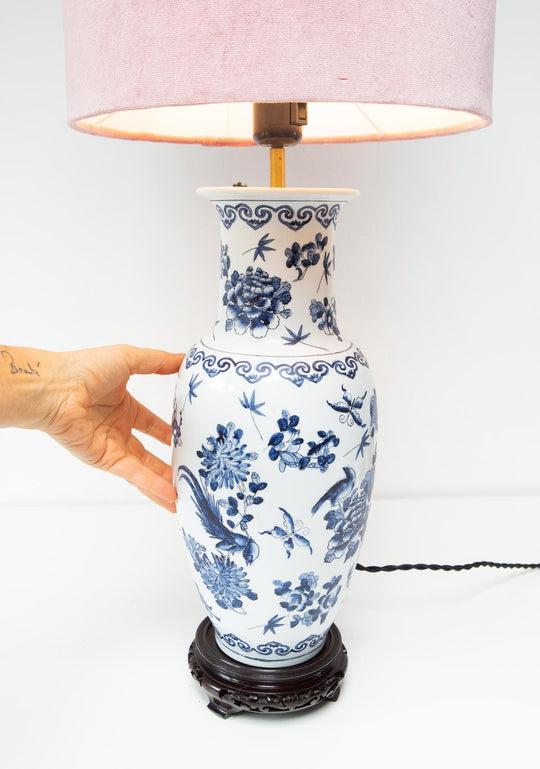 lámpara porcelana china jarron azul y blanco