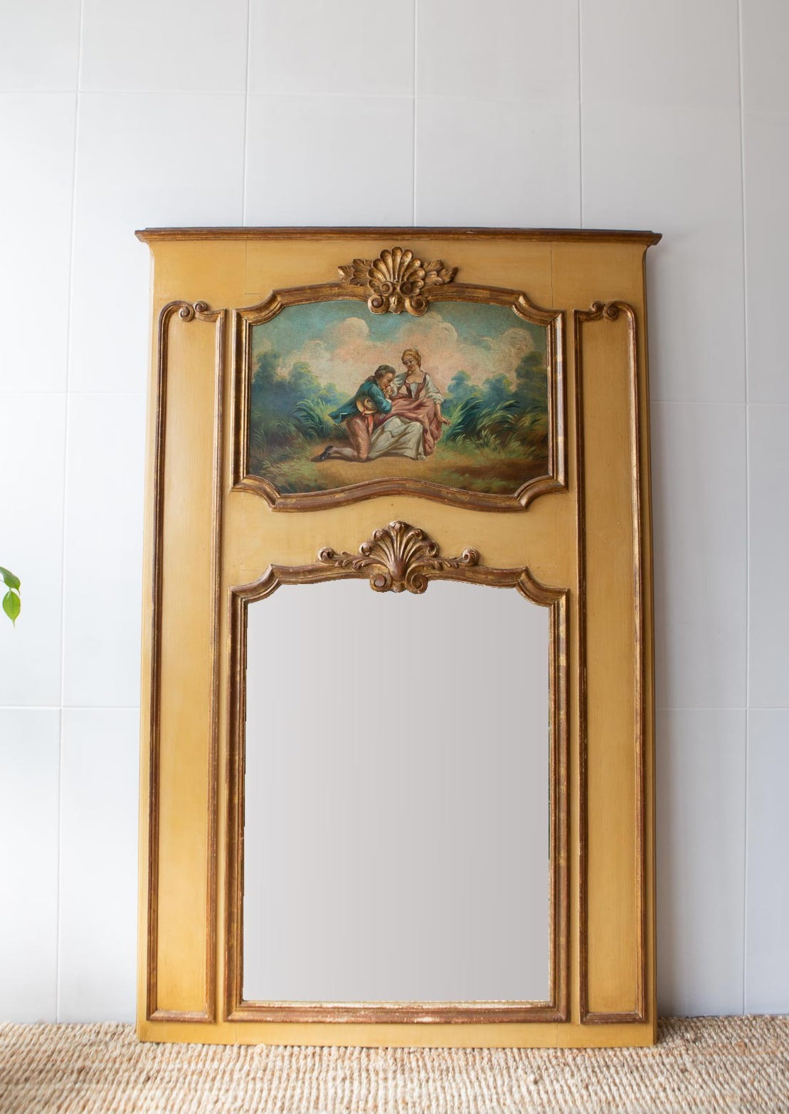 Antiguo espejo francés trumeau trumo oleo escena galante aprox. 1900 