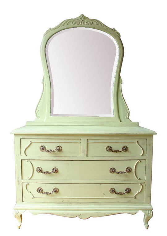 Antigua cómoda con espejo pintada verde lima (VENDIDA)