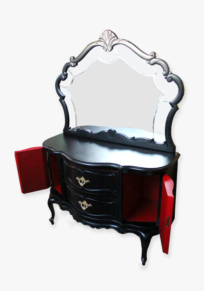 Antigua cómoda con espejo pintada en negro y rojo (VENDIDA)