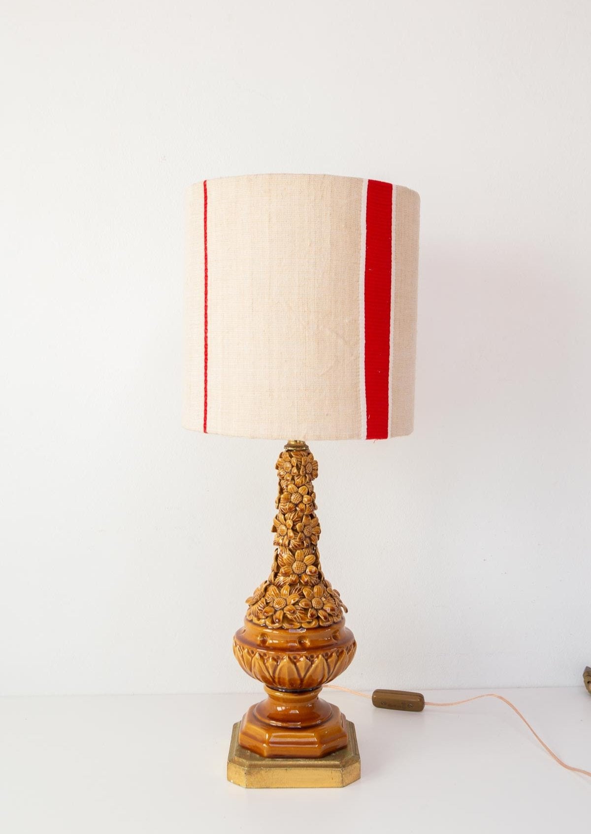 lámpara mesa manises flores marron tostado spanish vintage table lamp