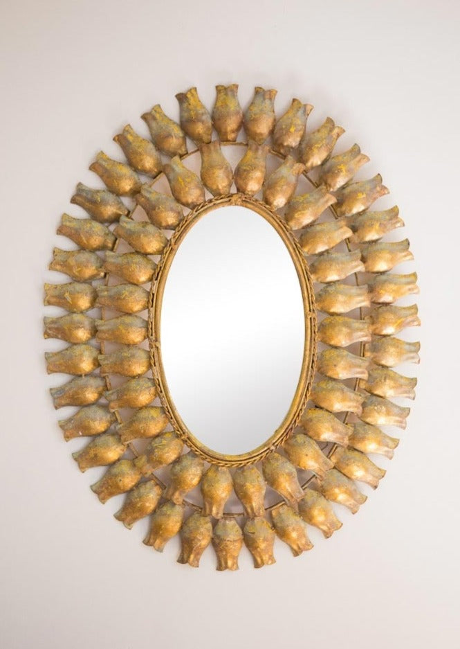 Antiguo espejo sol ovalado metal dorado (VENDIDO)