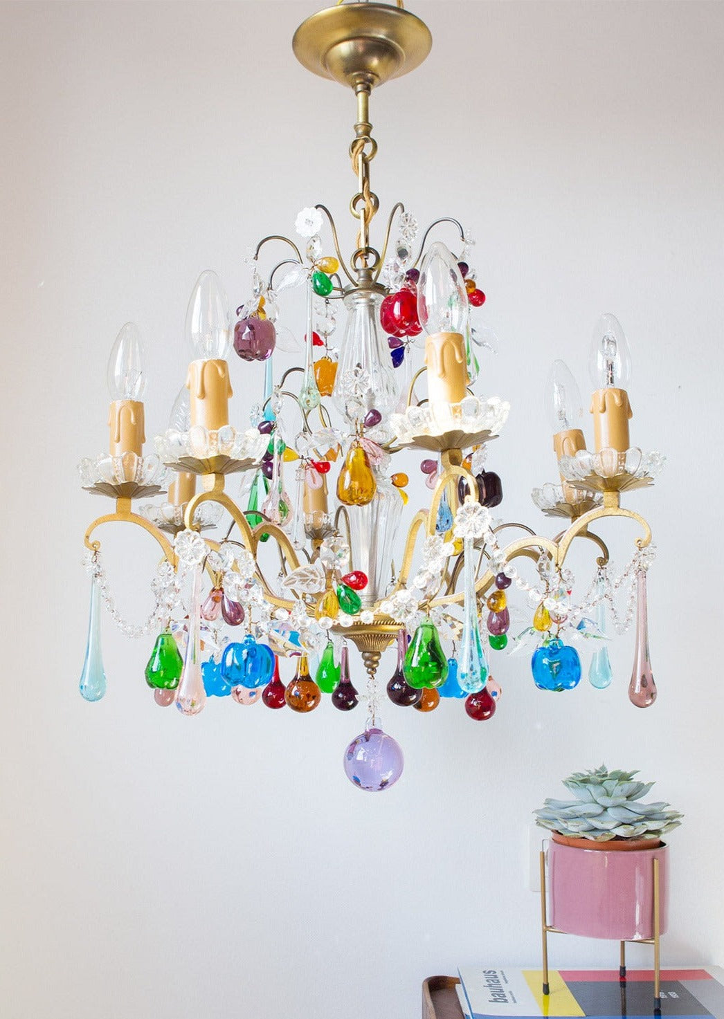 antigua lámpara de techo francesa con cristales frutas colores murano antique vintage french chandelier lustre ancien 