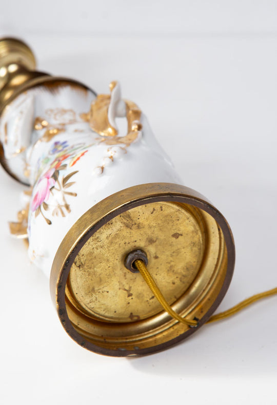 Antigua lámpara mesa francesa porcelana flores s. XIX (38 cm)